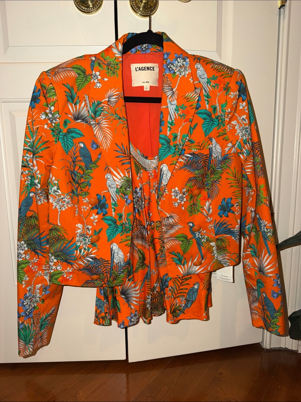 L'AGENCE Orange Tropical Parrot Print Cropped Blazer